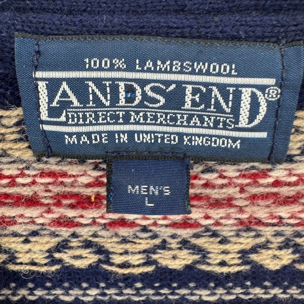 Lands End Cardigan Mens L Blue Lambswool Fair Isle Vintage Grandpacore Nordic
